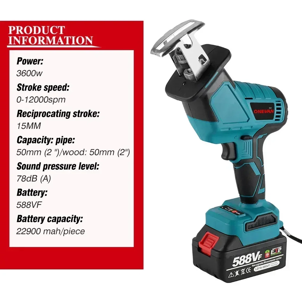 3600w 12000spm Brushless Reciprocating Saw Wireless Chainsaw Cut Saw Wood Cutting Tools With Sawblade For Makita 18V Battery 6