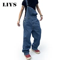 Salopette pour hommes Denim bretelles Simple Baggy jean hommes rue décontracté solide taille moyenne ample lavé combinaisons longueur survêtement 4