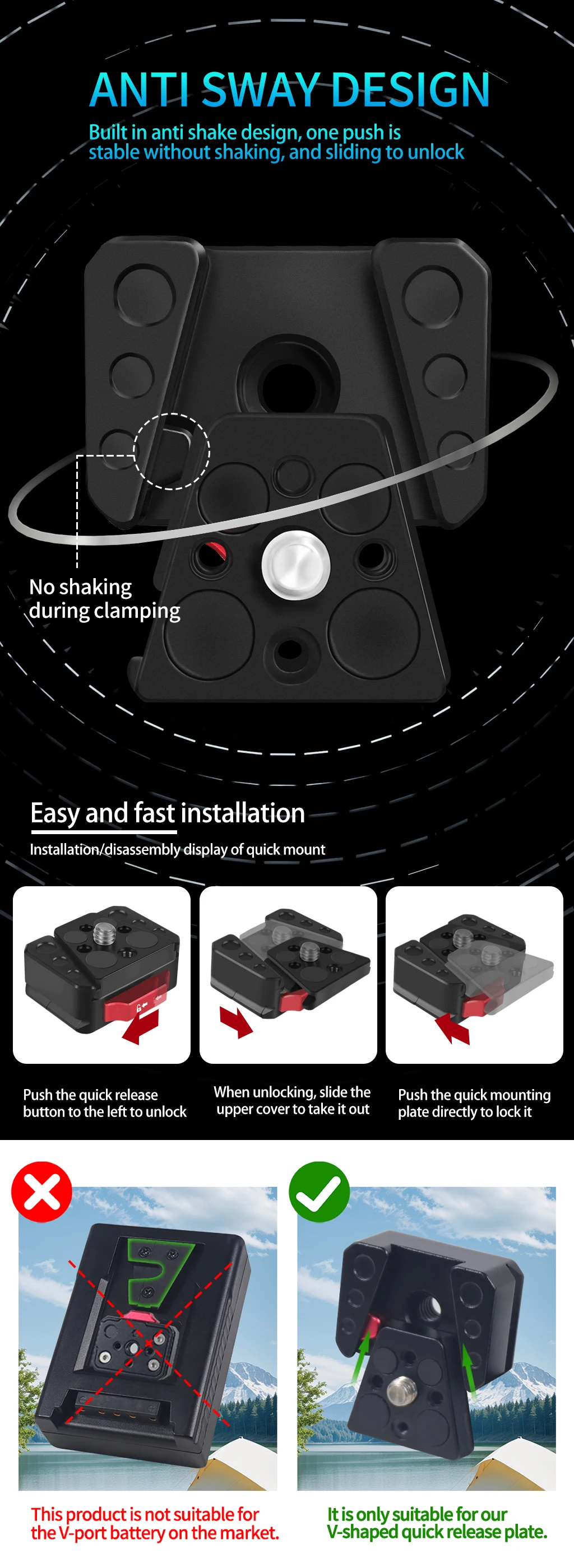 Quick Release Mount Plate Board Anti-shake Clamp V Port for GoPro13 Insta360 DJI