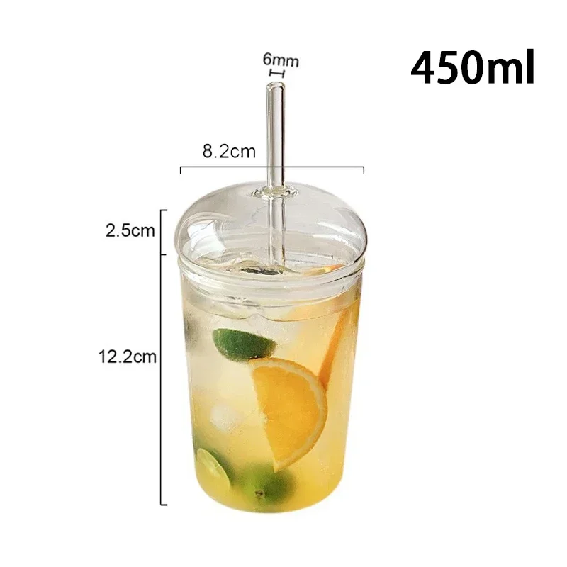 450ML Drinking Glasses with Dome Lids and Glass Straw Can Shaped Glass Cups Beer Glasses Iced Coffee Tumbler Cup DIY Drinkware - 6