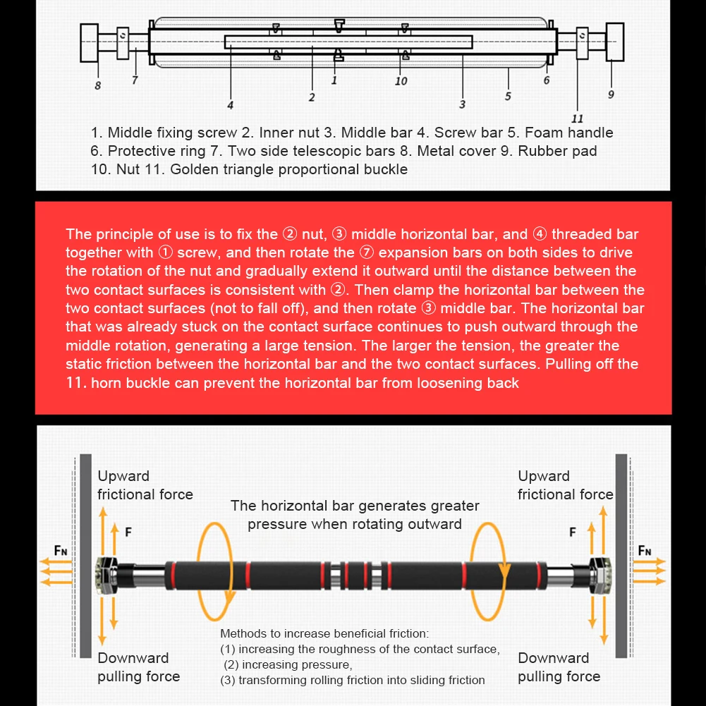 Doorway Pull Up Bar Heavy Duty Pull Up Bar Fits 25.3-33.1in Door Frames Horizontal Adjustable Length for Strength Training