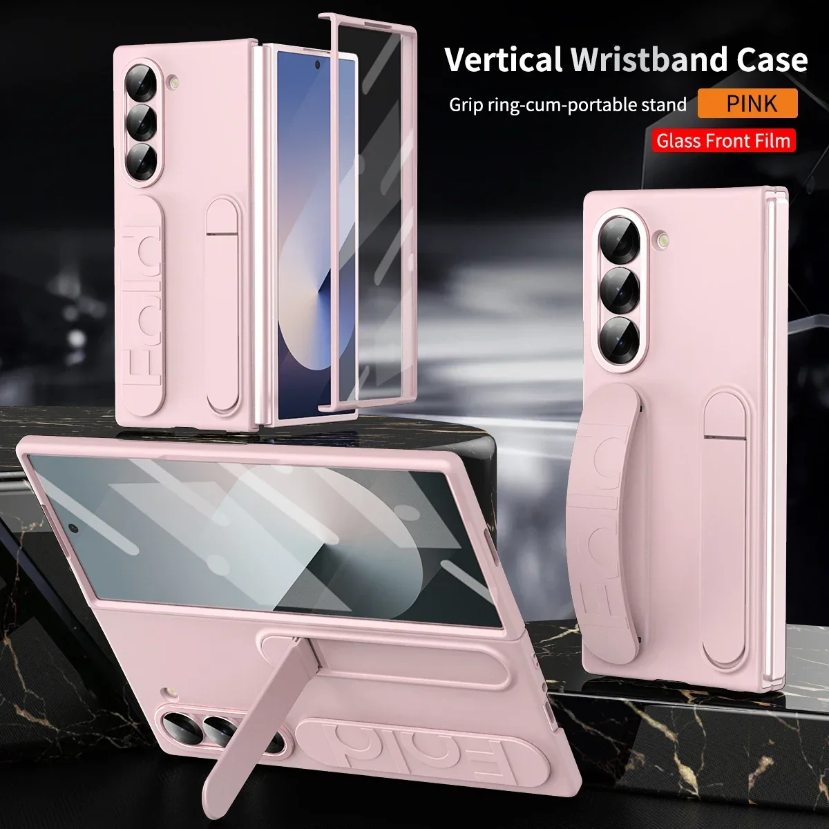 Premium Foldable Wristband Stand Case with Front Glass Protection and PC Plastic Cover