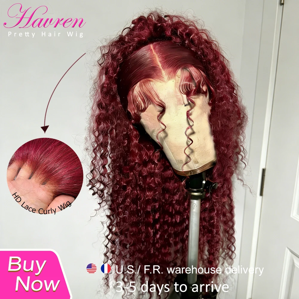 99J bordeaux dentelle avant perruques cheveux humains 13x6 vague profonde HD dentelle frontale perruques pré plumées cheveux humains bouclés perruques pour les femmes 36 pouces
