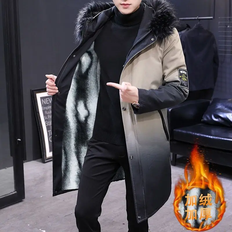 Men Winter Jacket Gradient Hooded Slim Korean Parka Cashmere Windbreaker Cotton