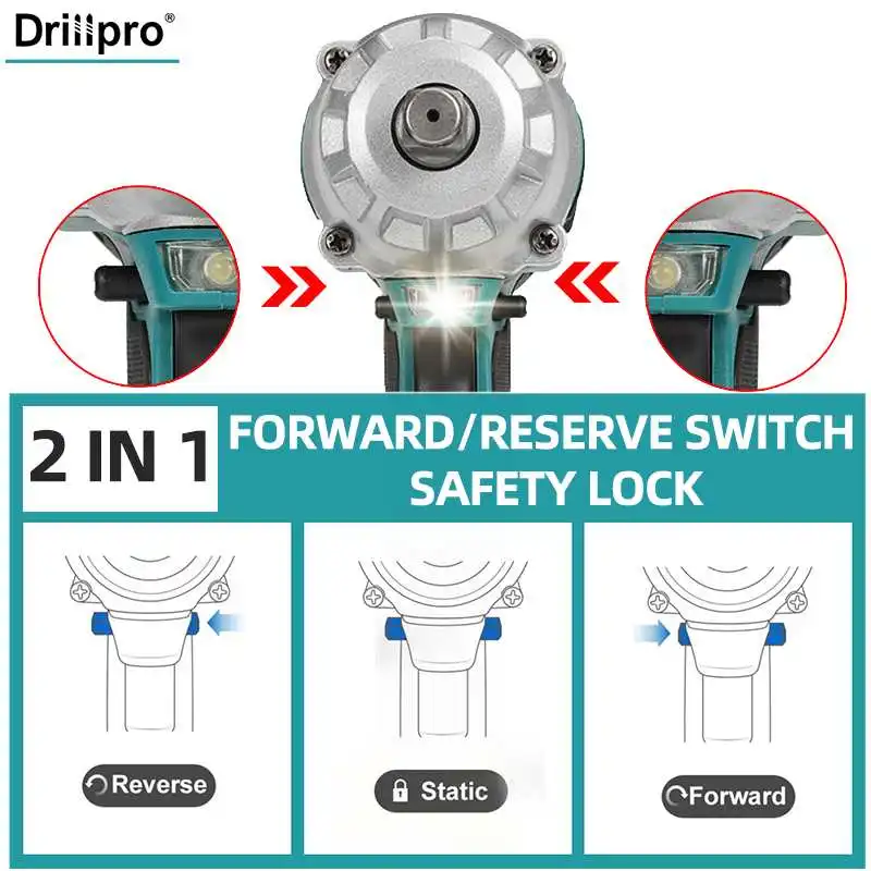Drillpro 2000N.M High Torque Brushless Electric Impact Wrench 1/2" Cordless Wrench Rechargeable Battery for Makita 18V Battery 5