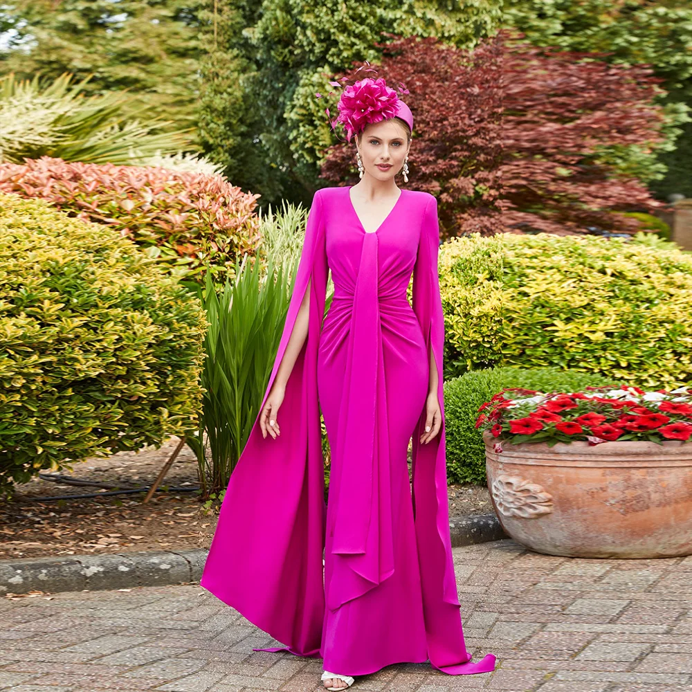Hot Pink Mother of the Bride Dresses V Neck Long Sleeves Wedding Party Gowns Pleat Mermaid Floor