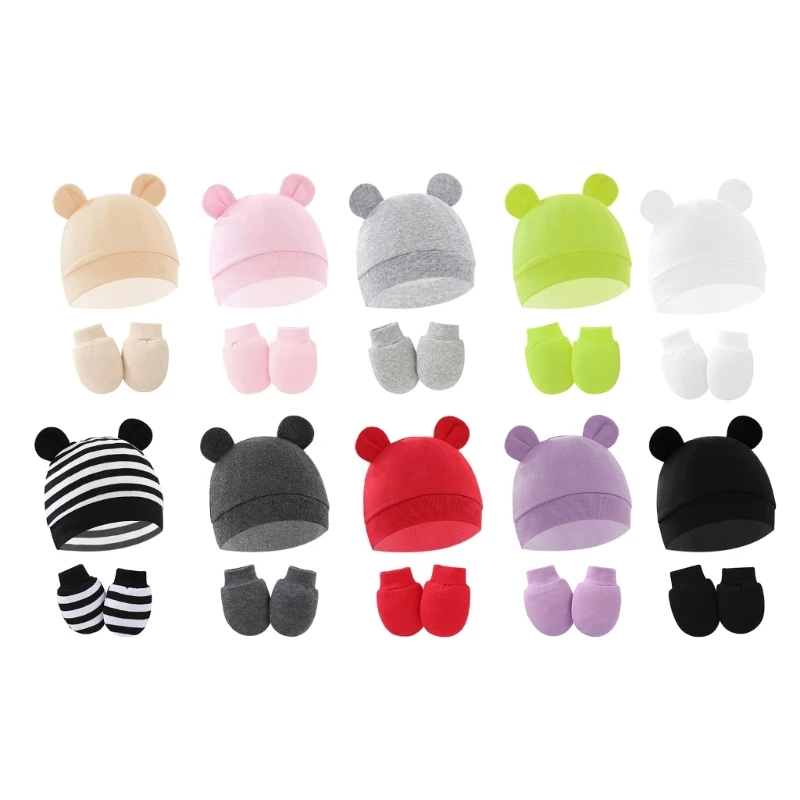 2-Pieces Infant Skull Hat & Mittens Baby Hospital Hat Scratchproof Gloves for Infant 0-3-6Month Baby Essential Product 1
