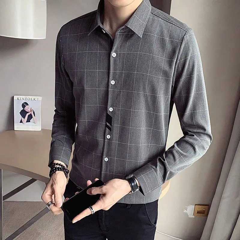 Fashion Lapel Button Spliced All-match Printed Lattice Shirts Men Clothing 2023 Spring New Casual Tops Long Sleeve Korean Shirt