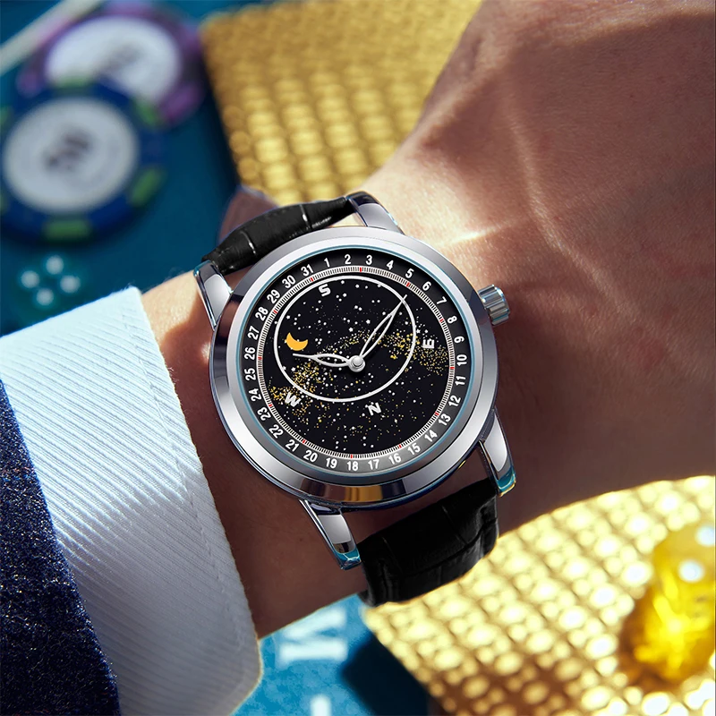 PINTIME Casuals Men Watches Waterproof Fashion Quartz Wristwatch Starry Moon Dial Leather Strap Luminous Male Gifts Reloj Hombre