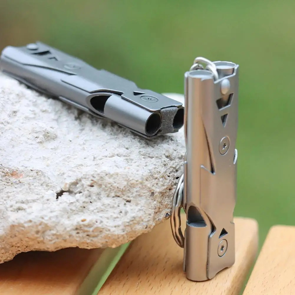 Double Tube 80-150dB Survival Whistle Keychain High Decibel Stainless Steel for Camping Hiking Emergency
