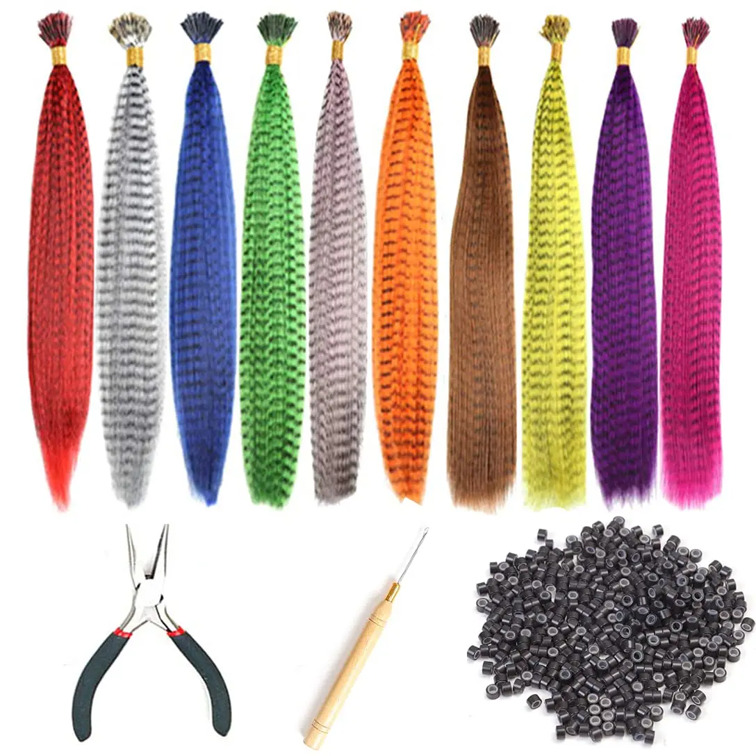 Colored Strands for Hair Feather Extension 10 Pieces I Tip Synthetic Hairpiece Fake Hair Zebra Line Feather Hair Extensions