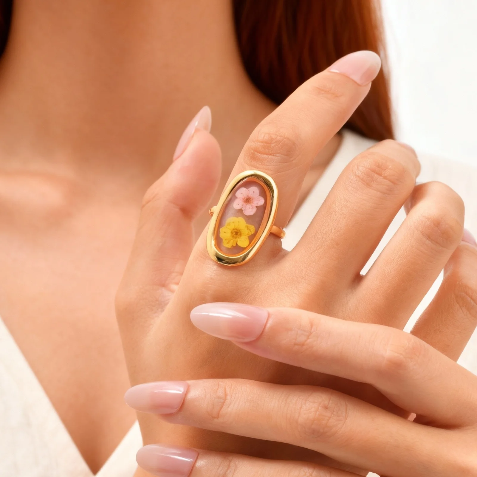Zierlicher Echter Trockenblumen-Öffnungsring für Frauen, Geometrischer Herz-Edelstahlring, Personalisierter Modeschmuck – Detail 4