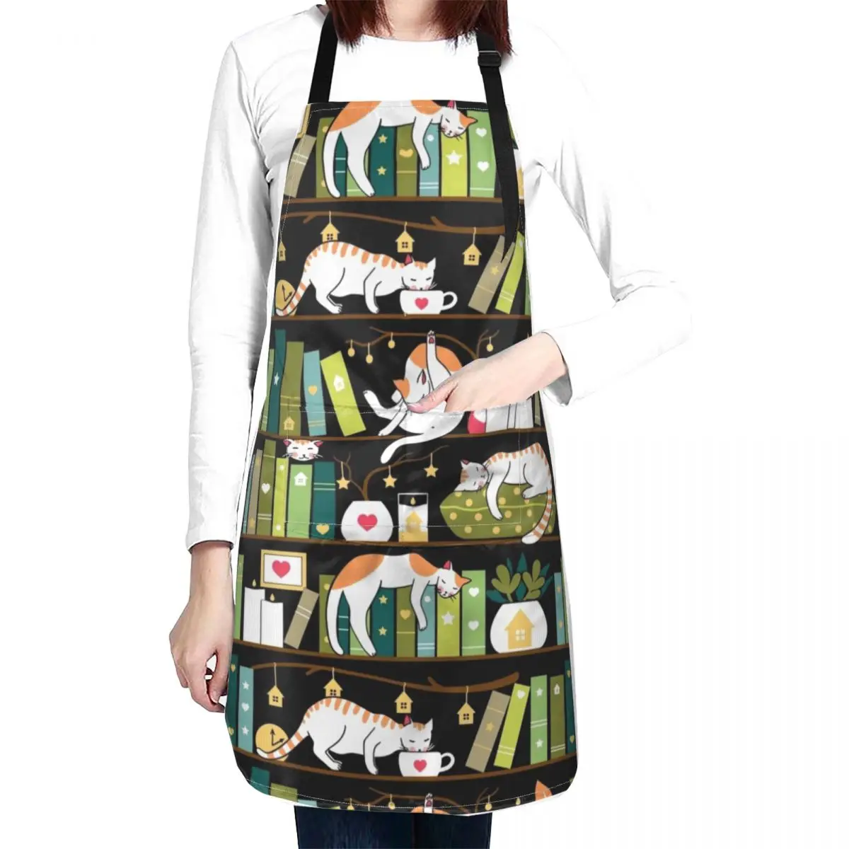 

Library cats - whimsical cats on the book shelves Apron Long Apron halloween kitchen accessories Kitchen And Home Items