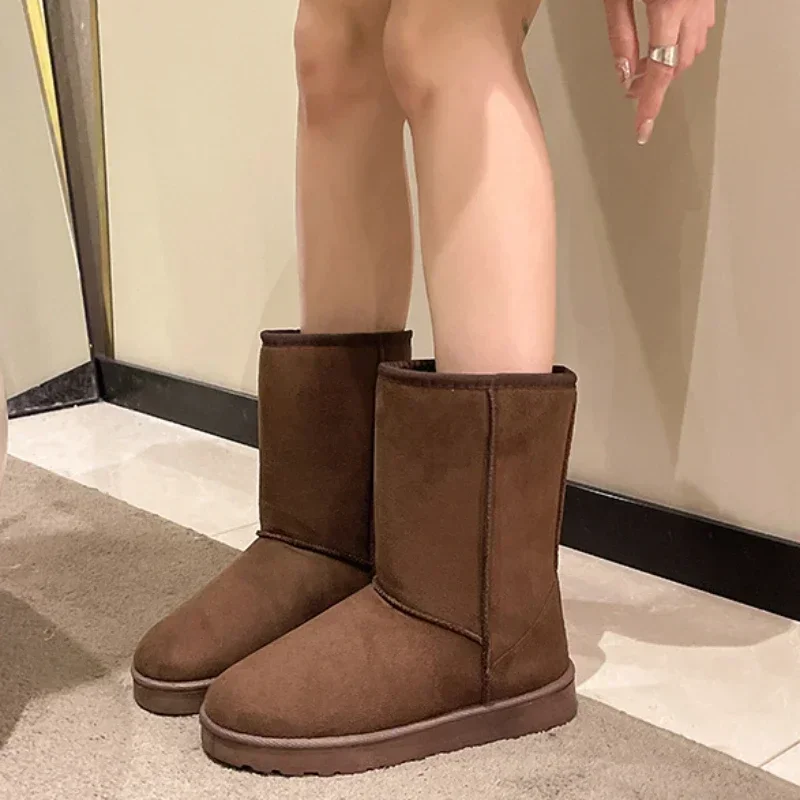 

Замшевые коричневые женские сапоги до середины икры на платформе, Полусапоги с круглым носком, массивная черная обувь для женщин, защитные сапоги без застежек