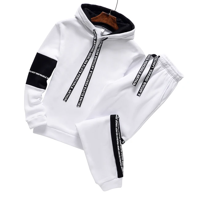Blanco - Chándal de Moda 2 Piezas con Capucha para Hombre