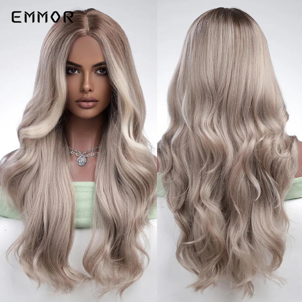 

Emmor Synthetic Long Wavy Hair Wig Ombre Brown to Silver Gray Wig for Women Natural Middle Part Heat Resistant Hair Cosplay Wigs