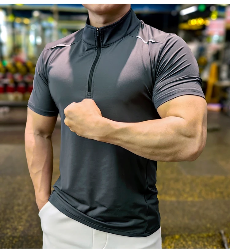 Men Running Short Sleeve T-shirt Outdoor Fitness Muscle Fit Shirt for Male Gym Jogging Sports Tops Tennis Elastic Breathable Tee