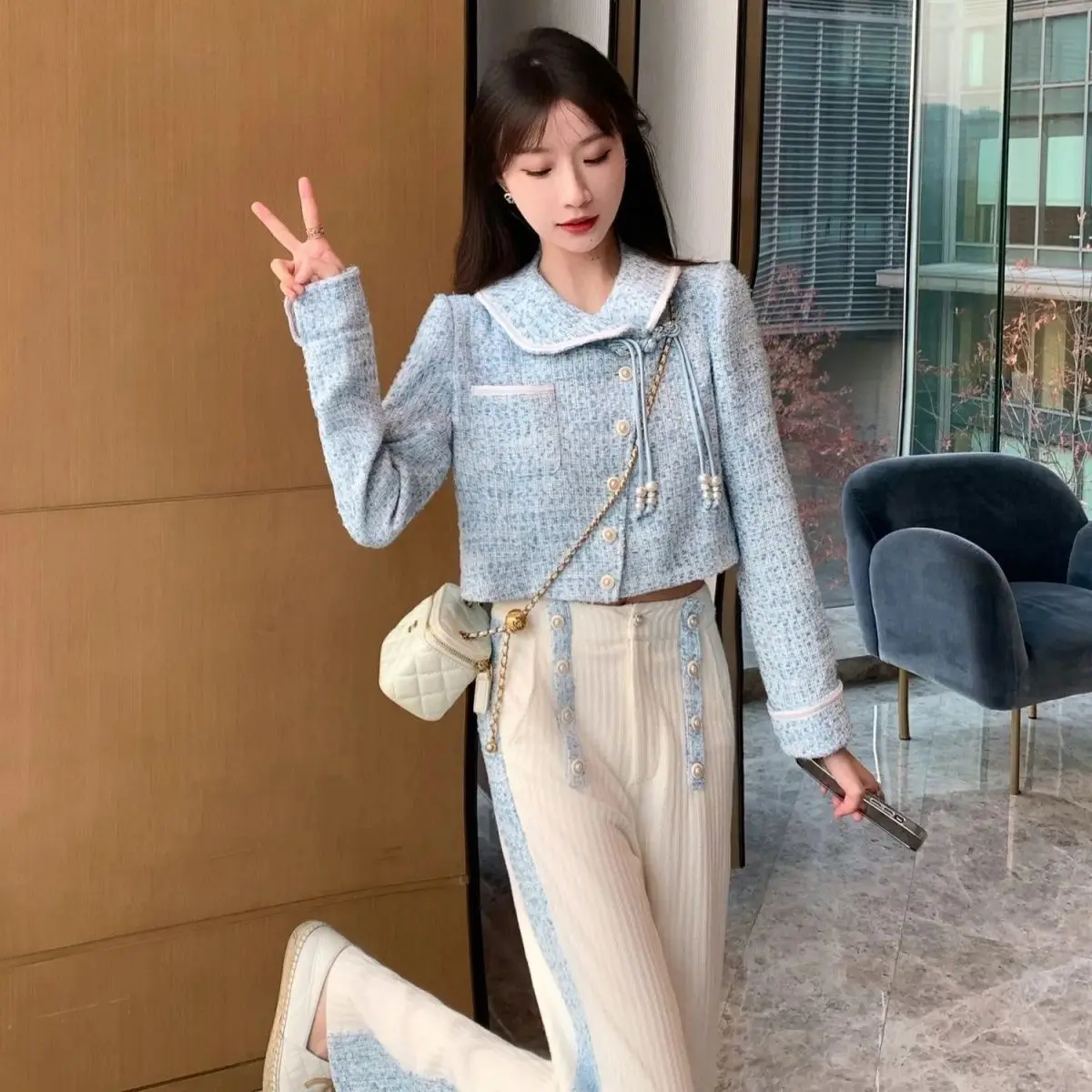 여성 라펠 굵은 트위드 블레이저 와이드 팬츠 세트 레트로 배색 플레이트 버클 타이드 울 코트 롱 투피스 세트 여성