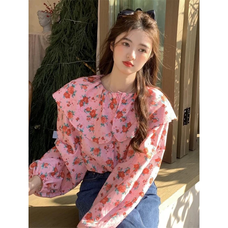 MEXZT Vintage Sweet Floral Shirts Women Cute Love Heart