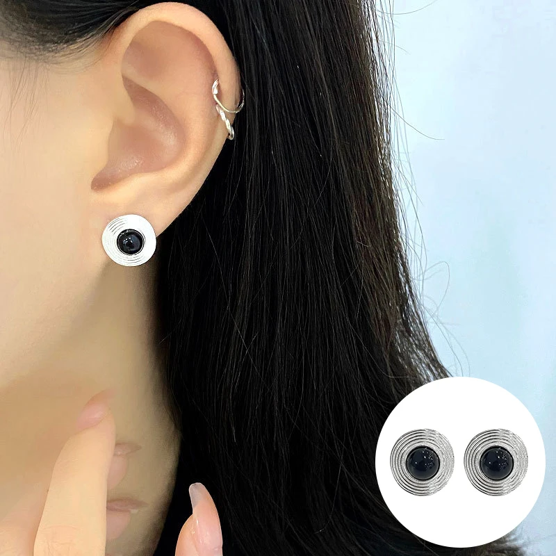 

100% 925 Sterling Silver Agate Geometric Earrings for Women Girl Simple Fashion Round Design Jewelry Party Gift Dropshipping