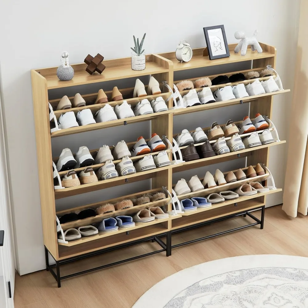Shoe Storage Cabinet Set of 2 with 3 Flip Drawers Freestanding Narrow Shoe Cabinets Slim Shoe Racks Cabinet 6
