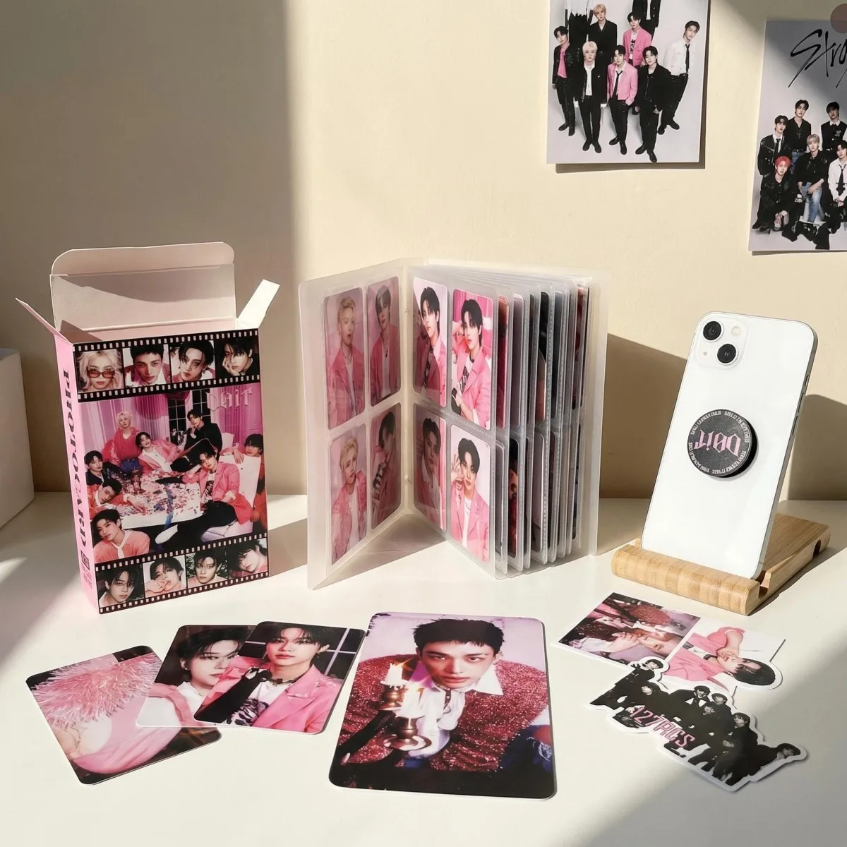 스트레이 키즈 아이돌 서포트 포토 카드 키트 데코라 55장+72스티커 휴대폰 링 홀더 2개 데스크 디스플레이 SKZ 팬 활동 데코레이션