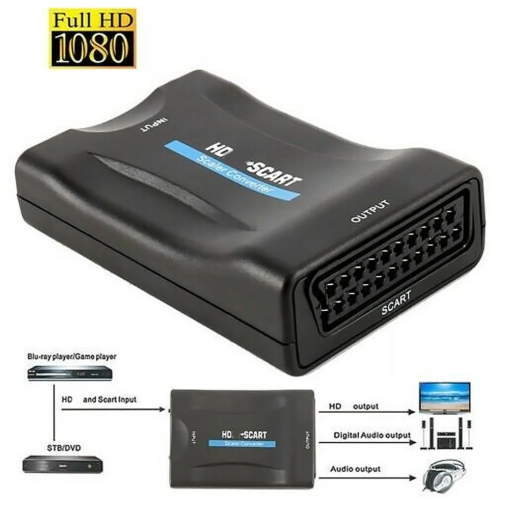 HDMI to SCART 비디오 오디오 업스케일 컨버터 어댑터, USB 플러그 앤 플레이, 1080P