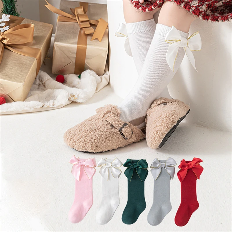 

Детские рождественские носки, Осенние милые носки с бантом для маленьких девочек, мягкие эластичные легкие длинные носки для повседневного ношения