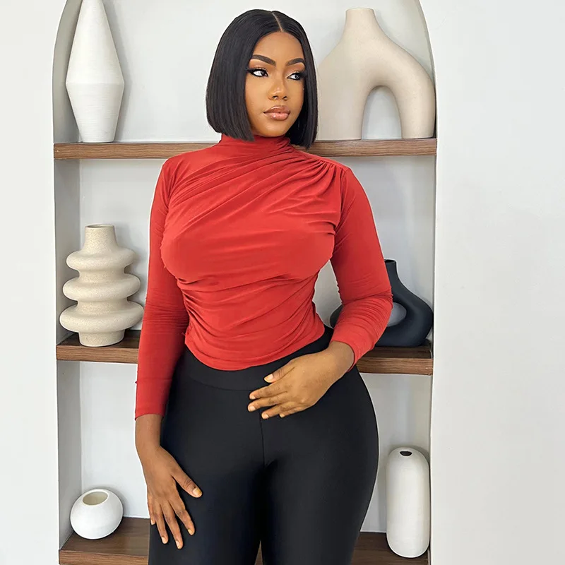 

Women Solid Ruched Slim Short T Shirt Spring Autumn 2024 Turtleneck Long Sleeve Fashion Casual All Match Streetwear Lady Tees