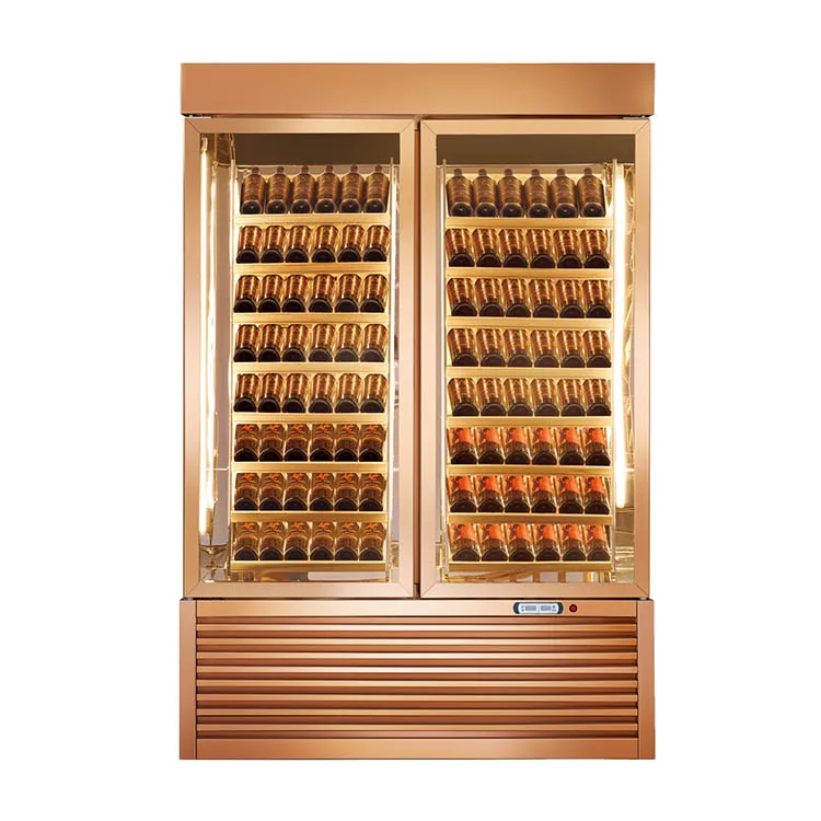 Golden Two Door Wine Bottle Cooler Refrigerator With Mirror Interior For Perfect Wine Display