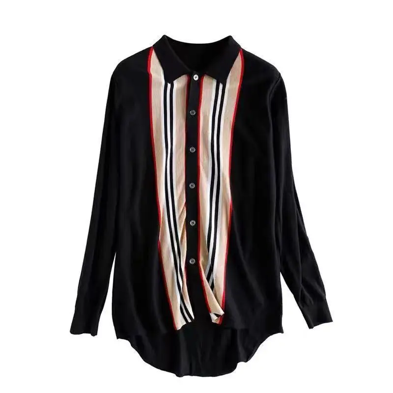 Women's Clothes Spring and Autumn POLO Collar Cardigan Shirt Western-style Top Vertical Stripe Loose Knitted Base Shirt Sweater