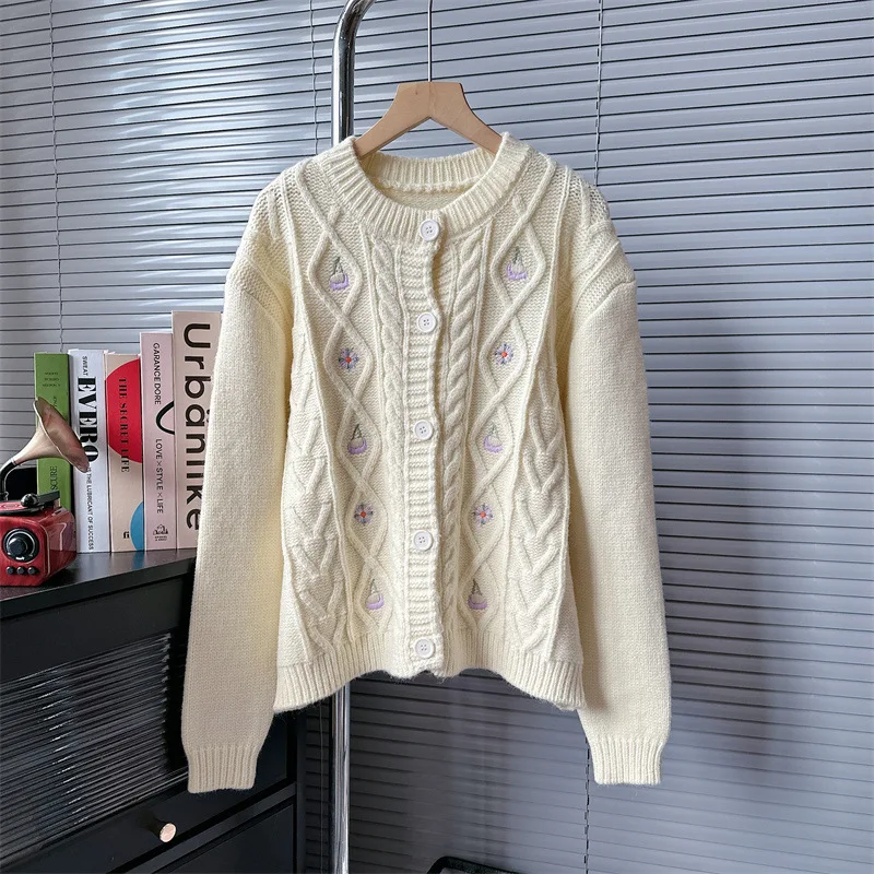 

loose knitted cardigan for women white color full sleeves sweater jacket floral embroidery loose jumper tops pull clothing