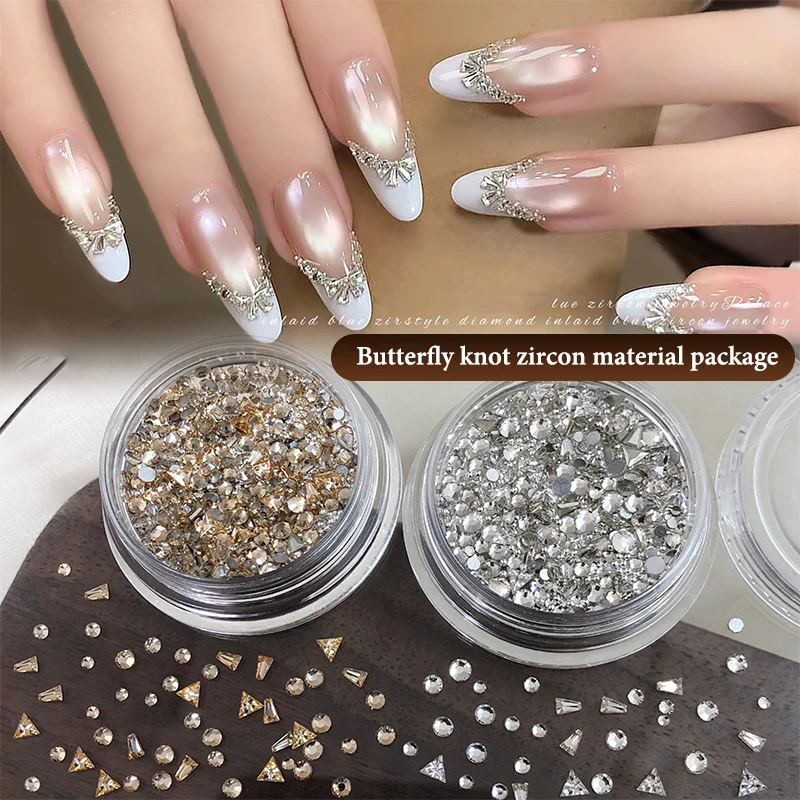 DIY 2-3mm 삼각형 사다리꼴 네일 젬스톤 나비 매듭 지르콘 투명/샴페인 글리터 네일 다이아몬드 매니큐어 장식