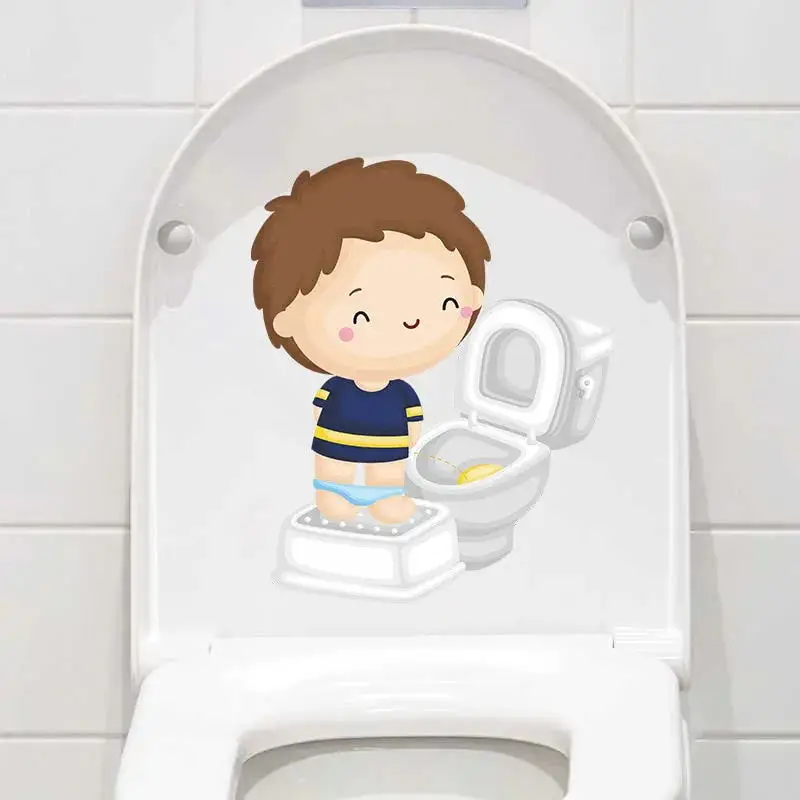T195# Funny Toilet Stickers Cartoon Child Urination Toilet Lid WC Door Sticker Removable Self-Adhesive Decor Paper Household