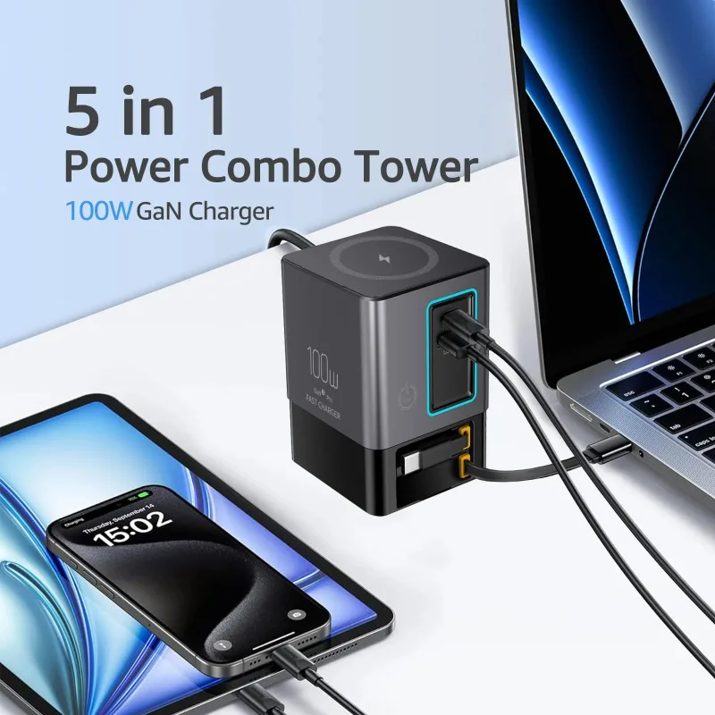 멀티 디바이스 105W 충전 스테이션 접이식 USB C 케이블 무선 충전 멀티탭 노트북 휴대폰 고속 충전 허브