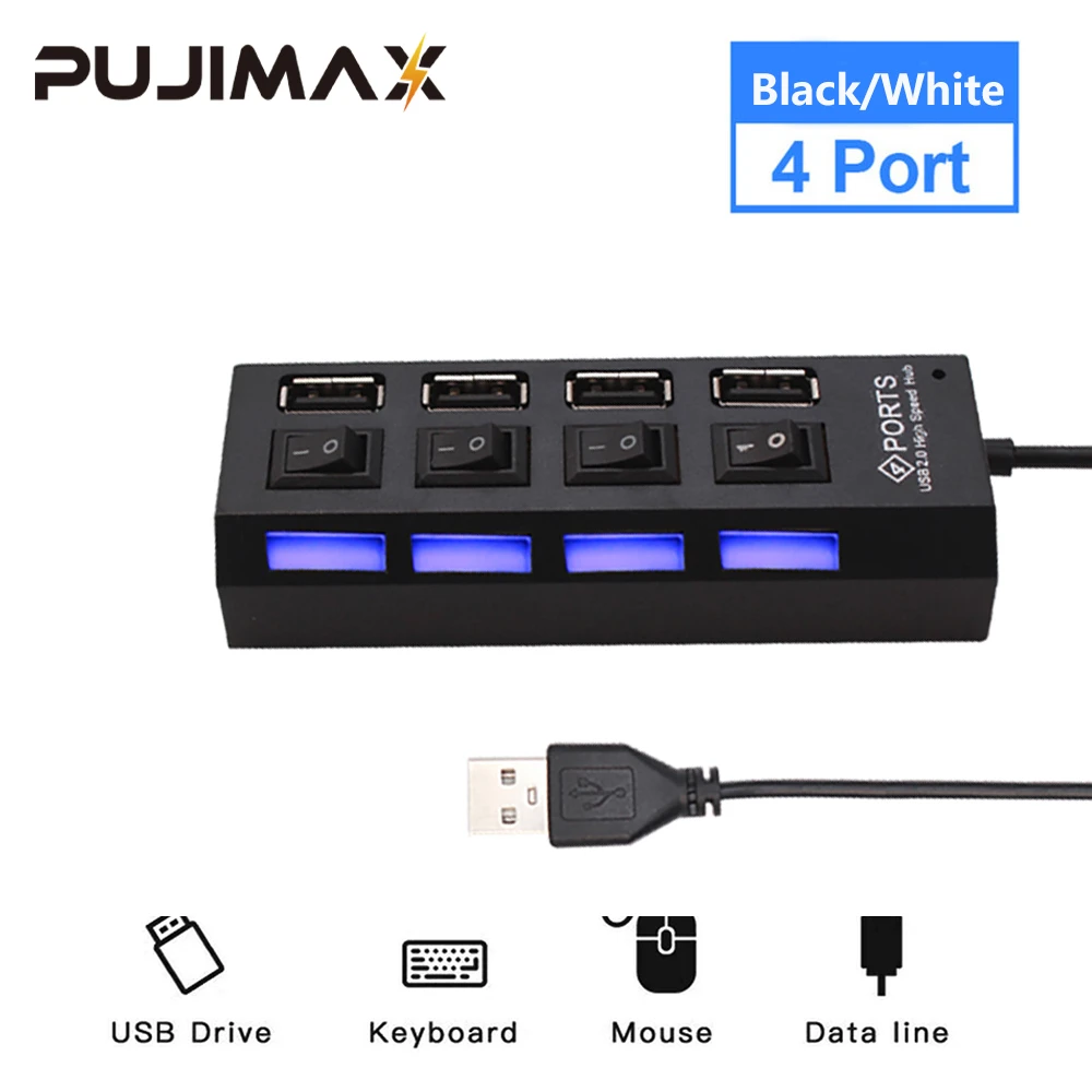 PUJIMAX HUB divisor de 4 puertos USB 2,0, adaptador de alimentación con interruptor para PC, MacBook, ordenador portátil, conector múltiple USB| | AliExpress