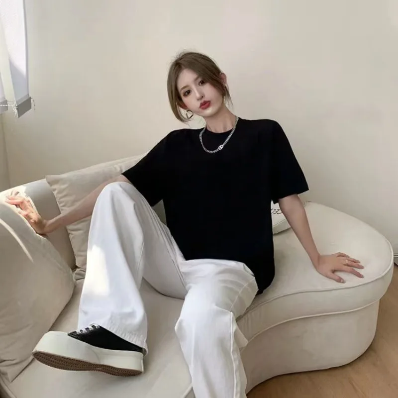 

Pure Cotton Black and White Short Sleeved T-shirt for Women Ins2024 Summer Loose and Versatile Couple Style Half Sleeved Top