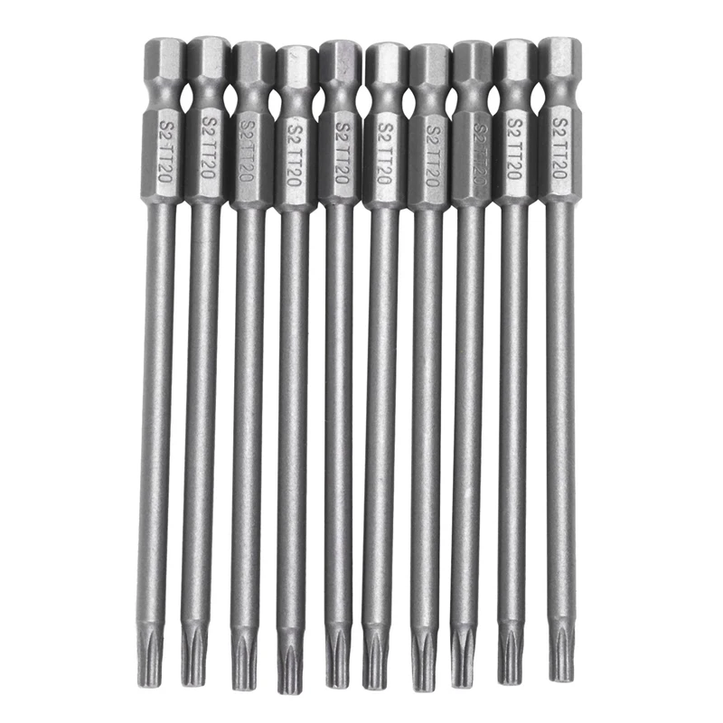 

20Pcs 100Mm Length 1/4 Inch Hex Shank T20 Torx Security Screwdriver Bits, Silver Gray