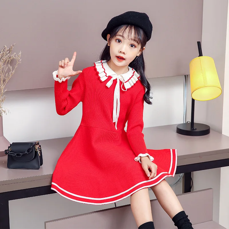 New girl baby sweater knitted dress children warm Sweater dress for girls infant casual pure color Pleated princess