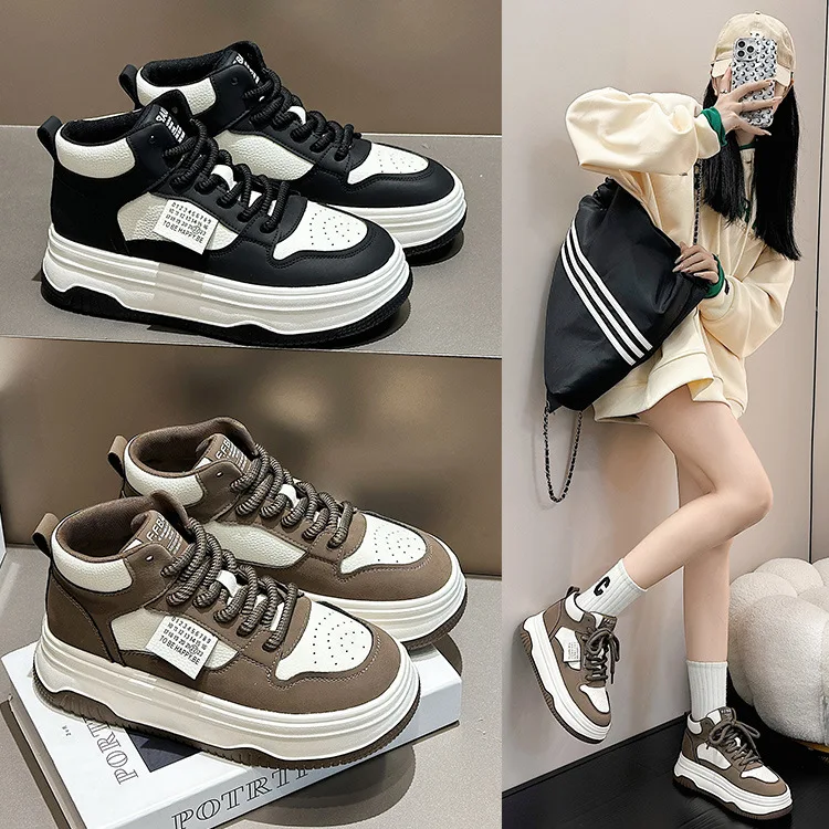 EVA Genuine Leather High Top Shoes for Women's 2023 Autumn New Women's Shoes Panda Versatile Women's Cowhide Sports Casual Shoes