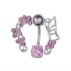 Pink Crown Heart Belly Button Ring with Crystal Accents - Stainless Steel Navel Jewelry (Style22)