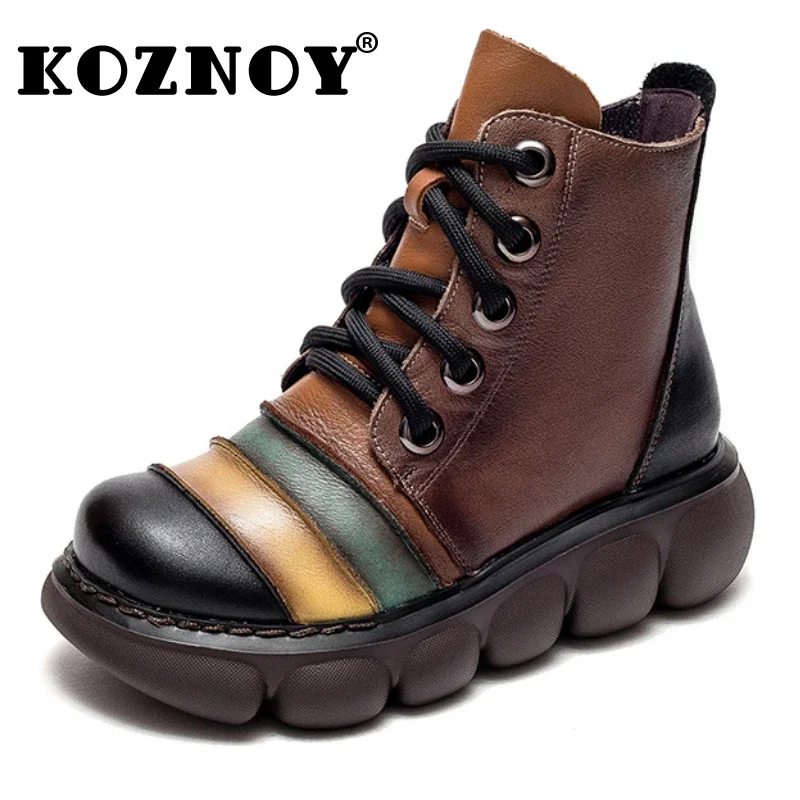 

Koznoy 5cm New Women Boots Cow Genuine Leather Wedge Ankle Ethnic ZIP Platform Moccasins Autumn Spring Mixed Color Fashion Shoes