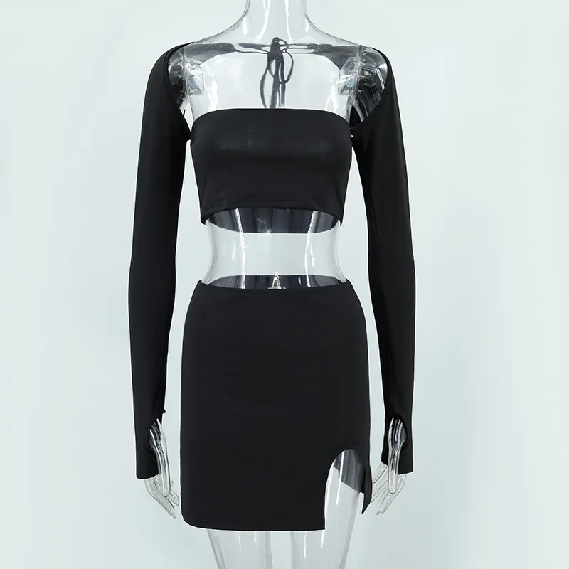 SKMY 2023 Autumn And Winter New In Matching Sets Wrapped Chest Long Sleeve Lace-Up Crop Top Split Mini Skirts 2 Piece Sets Women