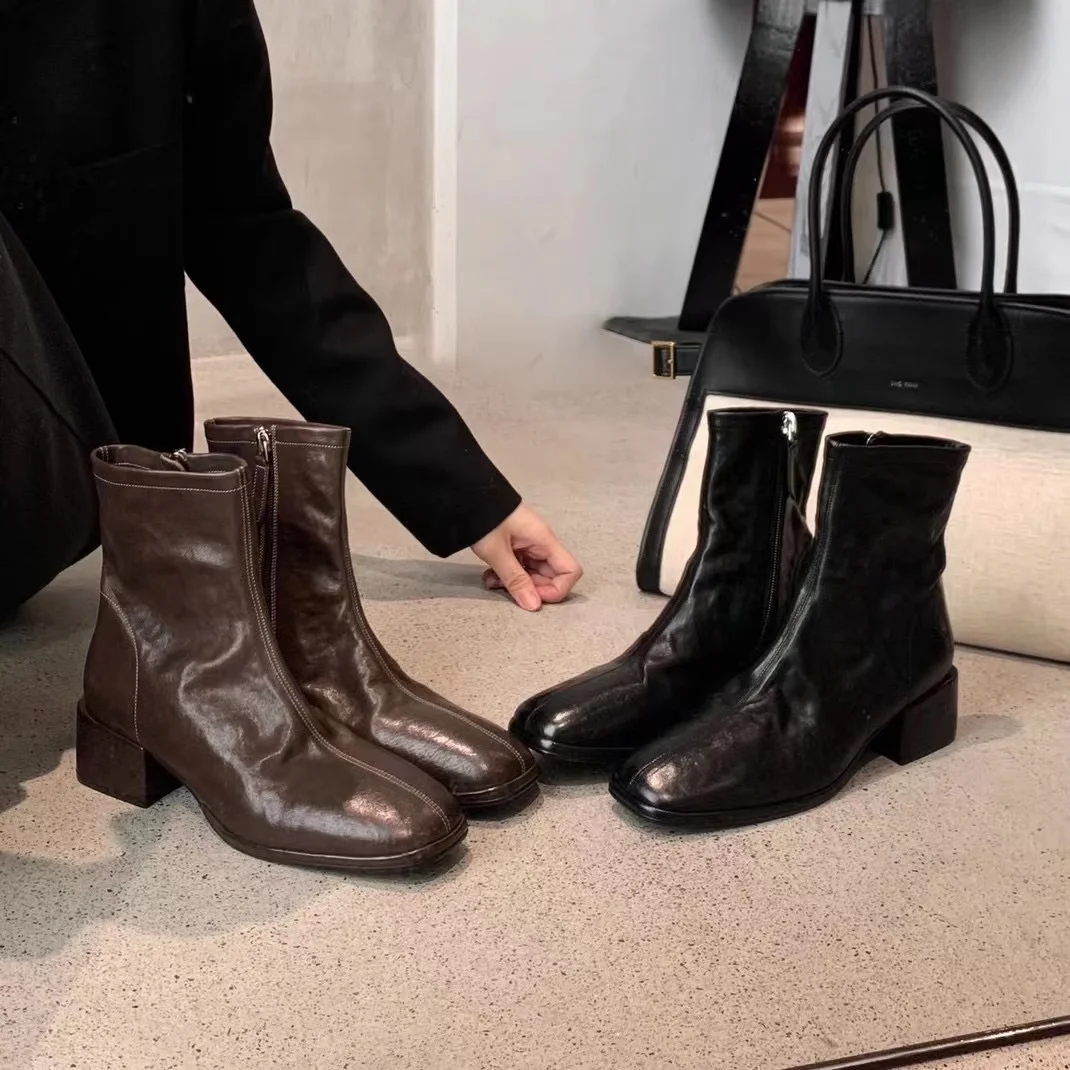 

Autumn Winter Women Shoes pu Leather Short Boots for Women Round Toe Chunky Heel Boots Zipper Ankle Boots Female Platform Heel