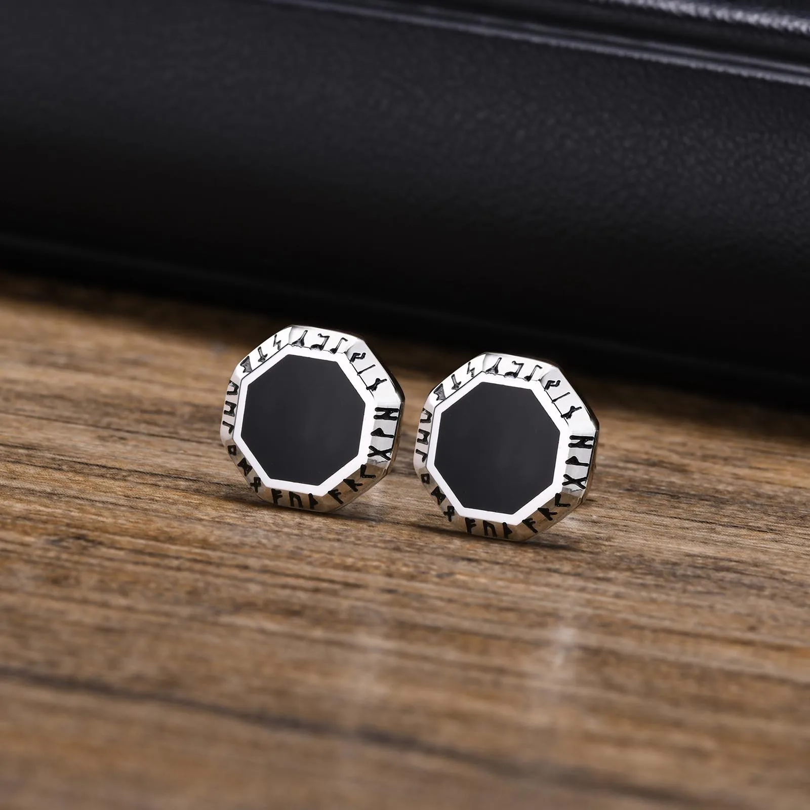 Viking Black Enamel Stud Earring for Men Boys,Anti Allergy Stainless Steel Geometric Ear Stud,Punk Jewelry Gift