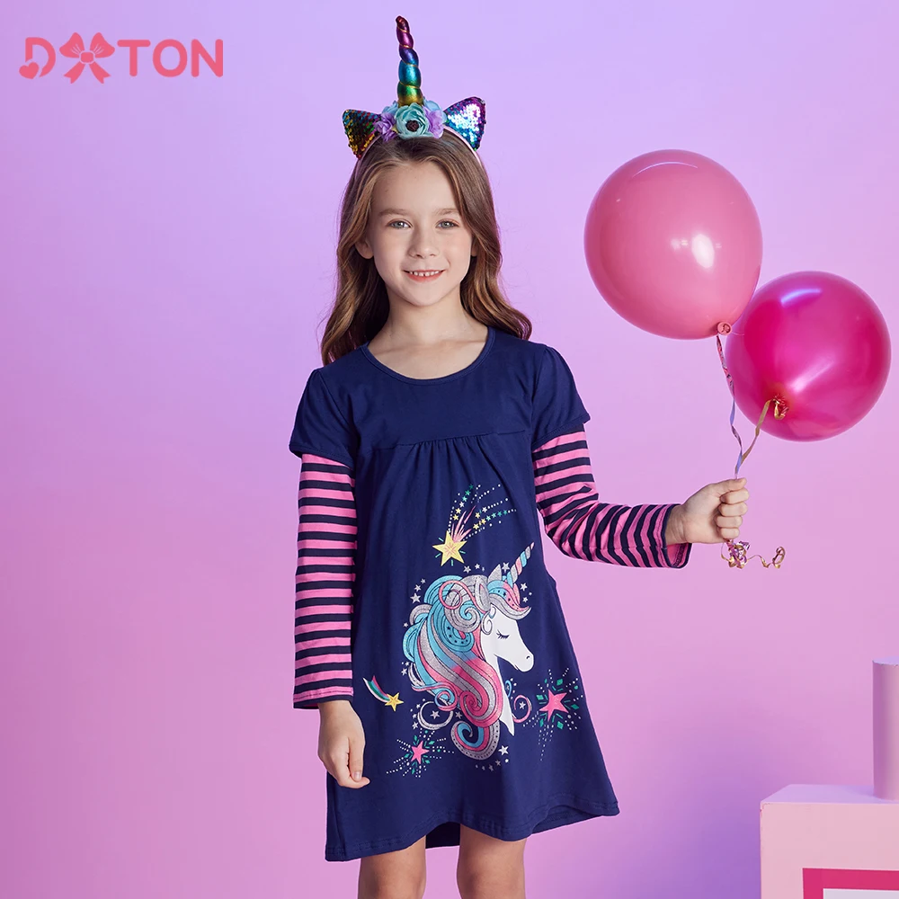 

DXTON Winter Cotton Kids Dress For Girls Cartoon Toddler Casual Clothing Stripe Long Sleeve Girls Dress Unicorn Children Dresses