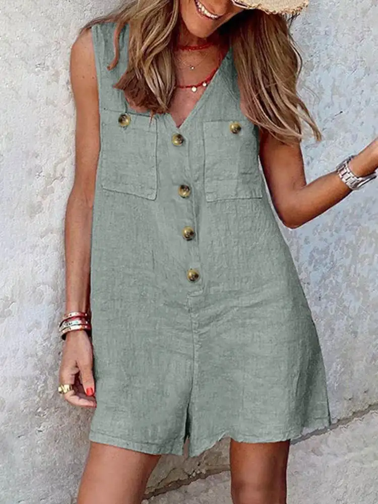 Oversized Button Up Collard Solid Jersey Romper M