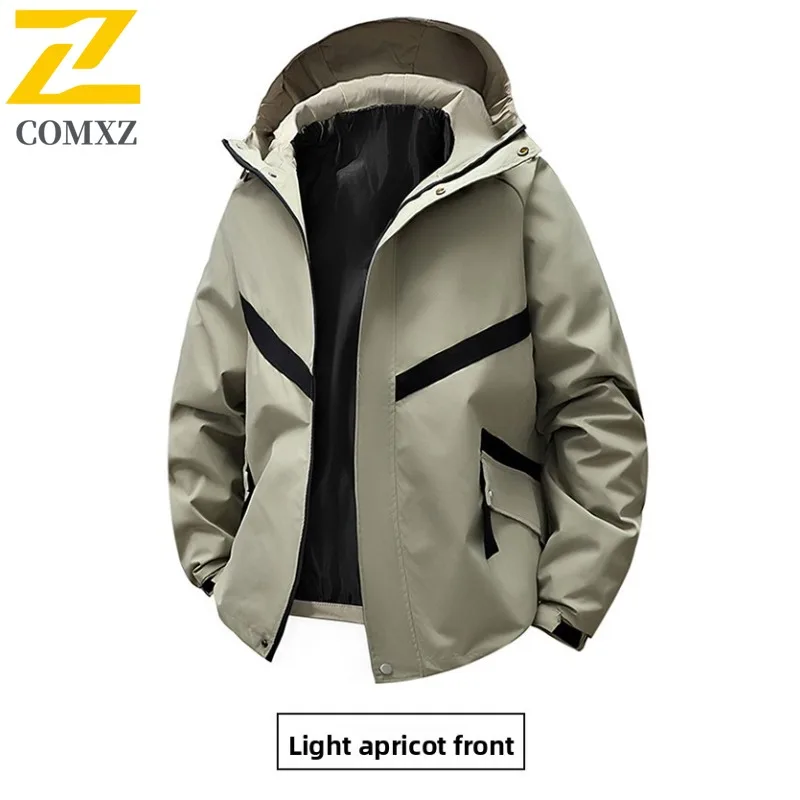 COMXZ Men Autumn Jacket Hooded Hiking Travel Light Motorcycle Coat Leisure Pure Color Design Journey Wind Resistant Clothing