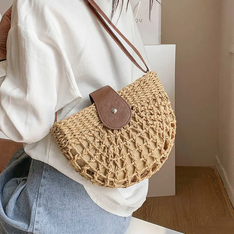 Casual Handwoven Shoulder Crossbody Bag Vacation Hollow Half Moon Straw Beach Phone Bag for Women's Daily Use Work Travel Party