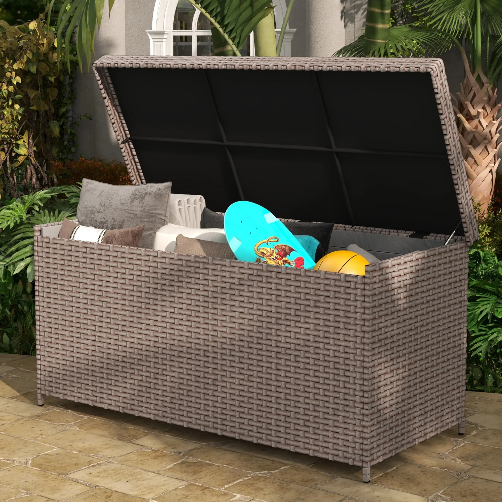 260 Gallon Patio Deck Box XXL Outdoor All-Weather Wicker Storage Deck Box Rattan